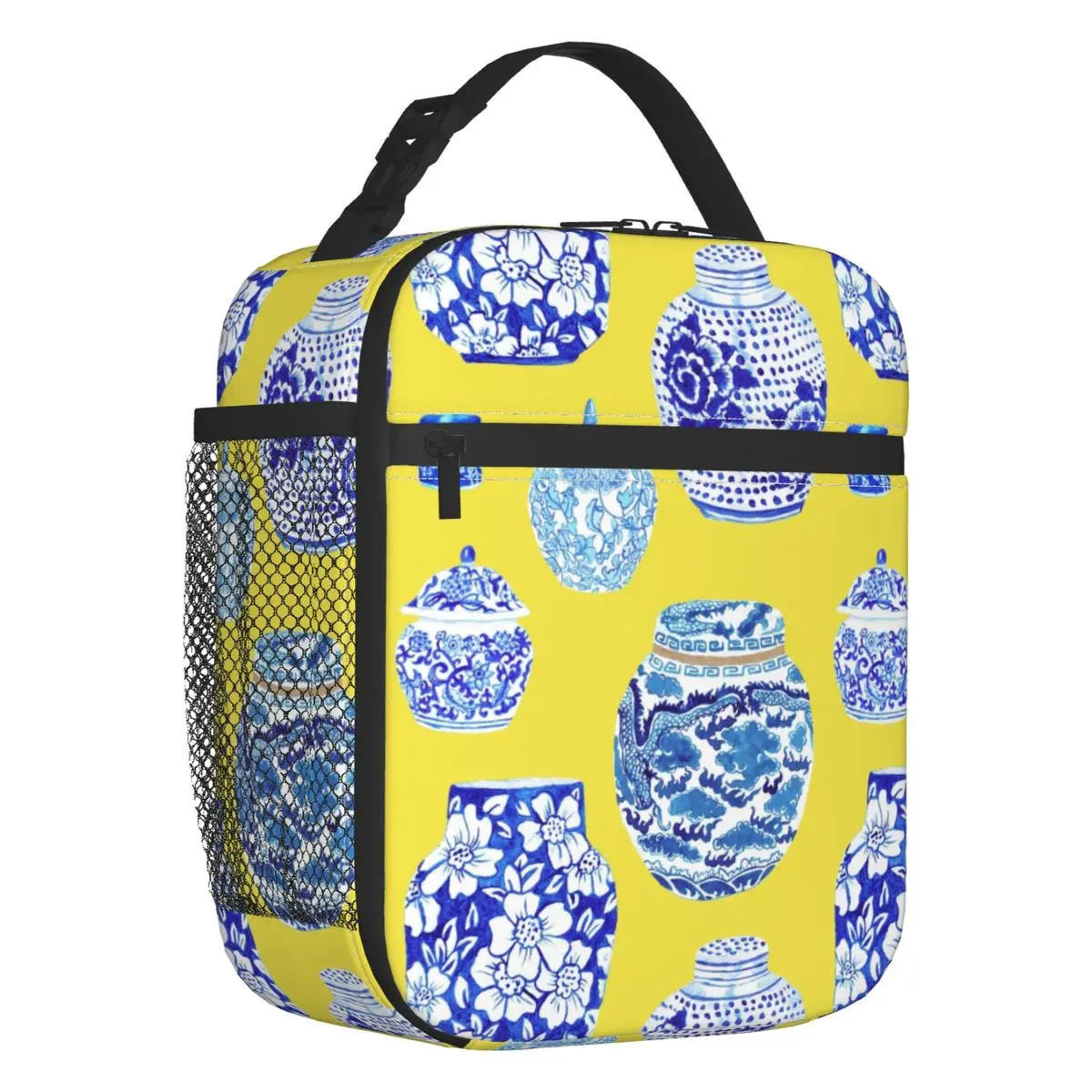 Chinoiserie Ginger Jar Collection Canary Portable Lunch Boxes Leakproof Porcelain Tiles Cooler Thermal Food Insulated Lunch Bag