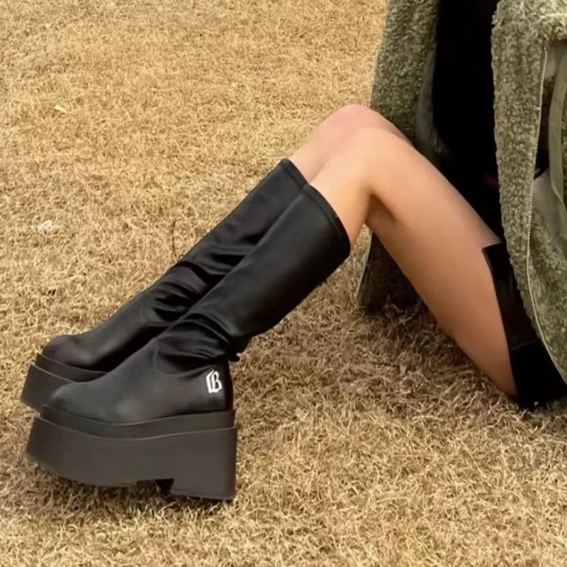 Botas hasta el muslo con cuña para mujer, botines hasta la rodilla con plataforma, color negro, estilo Punk, a la moda, otoño e invierno, 2023