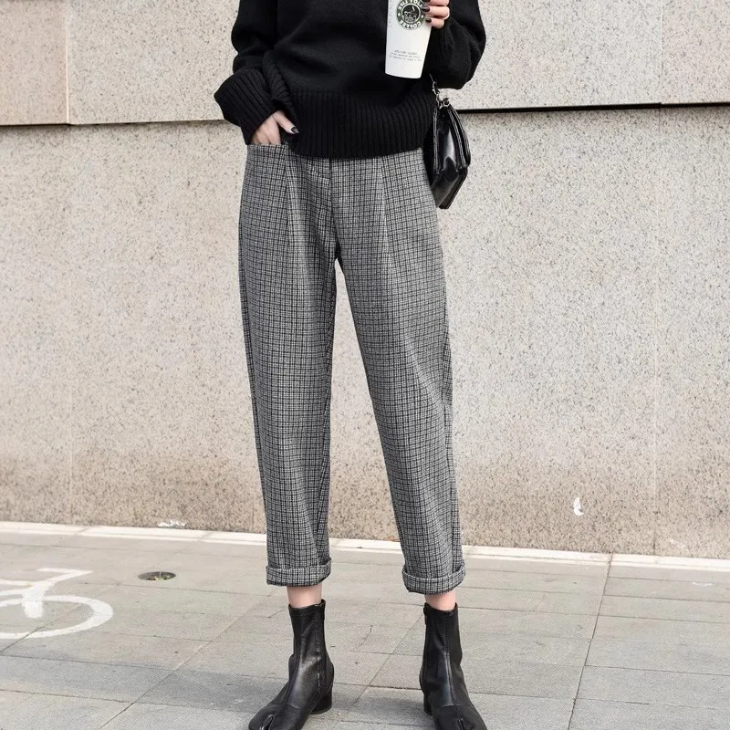 فحص السراويل الصوفية الحريم للنساء عارضة منقوشة طول الكاحل السراويل الخريف والشتاء،