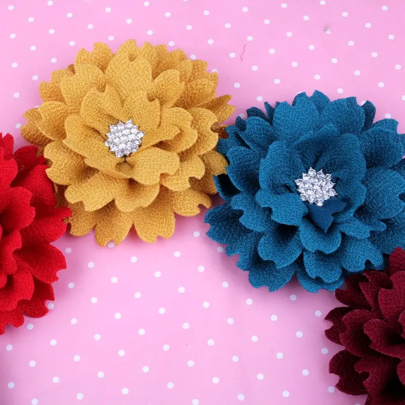 

200pcs/lot 3.6" 9 Colors Fashion Artificial Fabric Headband Flowers With Bling Rhinestone Button For Children Hair Accessories