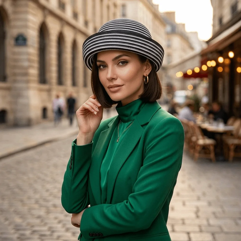 New Straw Pillbox Hat Handwoven Striped Beret Hat Adjustable Breathable Flat Top Hat Women