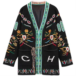 Fall Winter Women's Cardigans Sweaters 2025 New Fashion V-neck Long Sleeve Medium-Length Embroidery Knit Sweater With Pockets