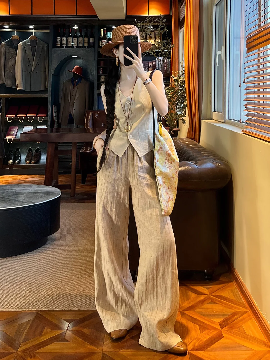 

Casual Wide Leg Pants Dstring Linen Novets Sle Spring Summer Women's High Waist Trousers ket Detail Loose Fit