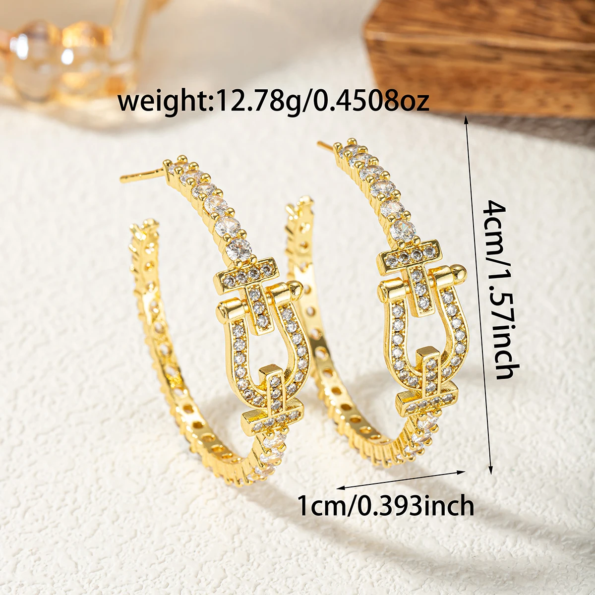 2026 Luxury Gold Plated Big Hoop Earrings for Women, Full Paved Cubic Zirconia Horseshoe Buckle Design, Statement C-Shaped Earri