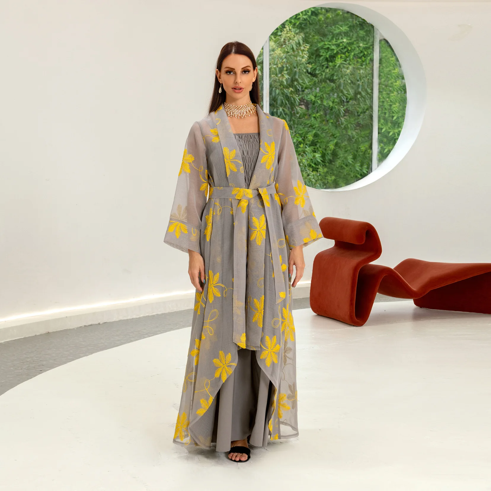 

Abaya New 2023 Embroidery Chic And Elegant Woman Dress Mesh Cardigan Belted Kaftan And Solid Gray Camisole Dress Muslim Sets