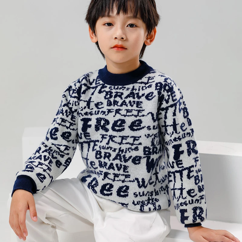 

100% pure wool round neck sweater for boys winter warm pullover for girls autumn color blocked long sleeved knitted wool sweater