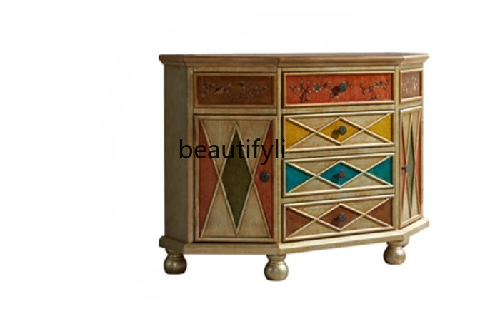 

European-Style Retro Sideboard Cabinet Solid Wood Entrance Entrance Restaurant Overall Painted Large Capacity Storage Cabinet