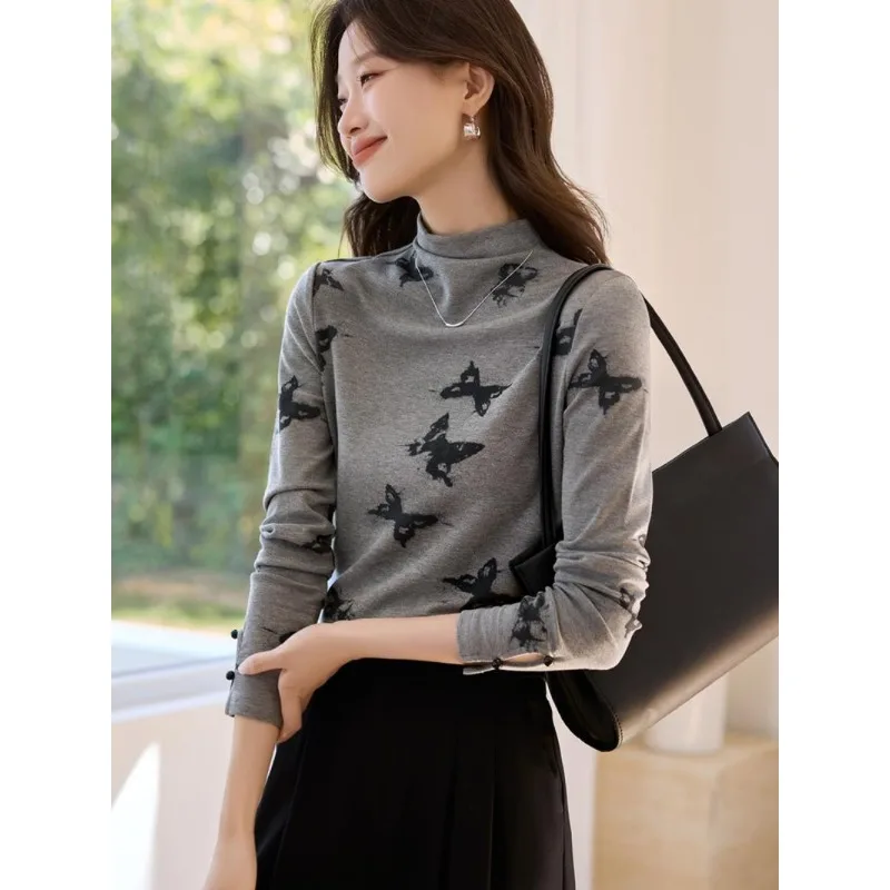 

Versatile and Trendy Turtleneck Butterfly Stylish Printed Knitted T-shirt Plus Velvet Bottoming Shirt