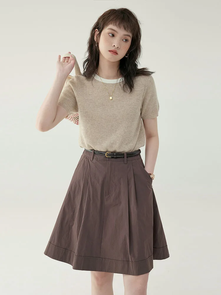 AMUU Ice Silk Knitted Casual Short Sleeve round Neck T-Shirt Women Summer Slimming Color Block Top Trendy Loose Fit Regular L...