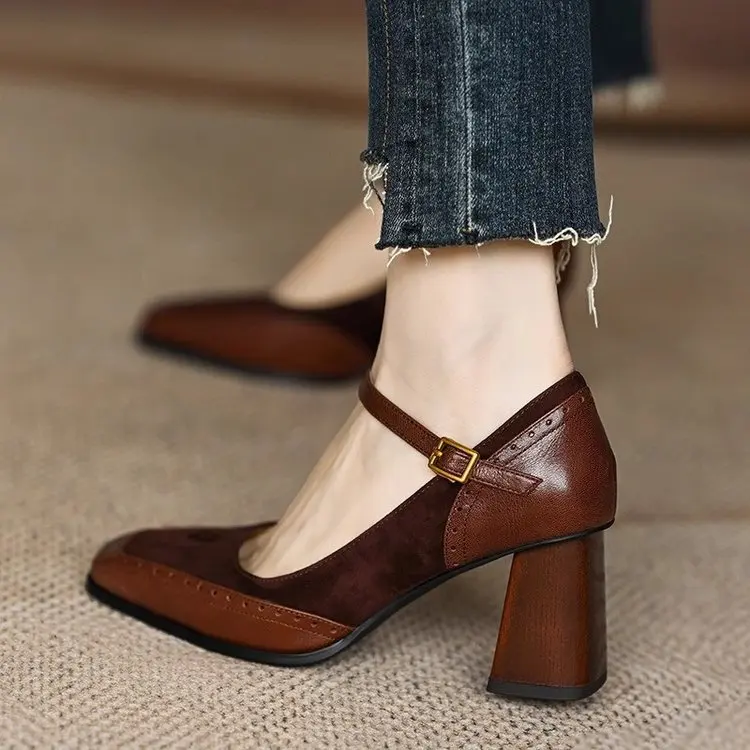 

Ladies Fashion Black Square Toe Chunky Heel Shoes Women's French Style Thick Sole Buckle Slip-On Pumps Vintage Sandals