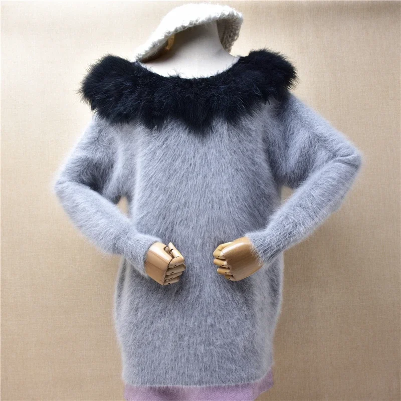 Ladies Women Fall Winter Clothing Grey Hairy Angora Rabbit Hair Knitted Fur Collar Long Sleeves Slim Blouses Pullover Sweater