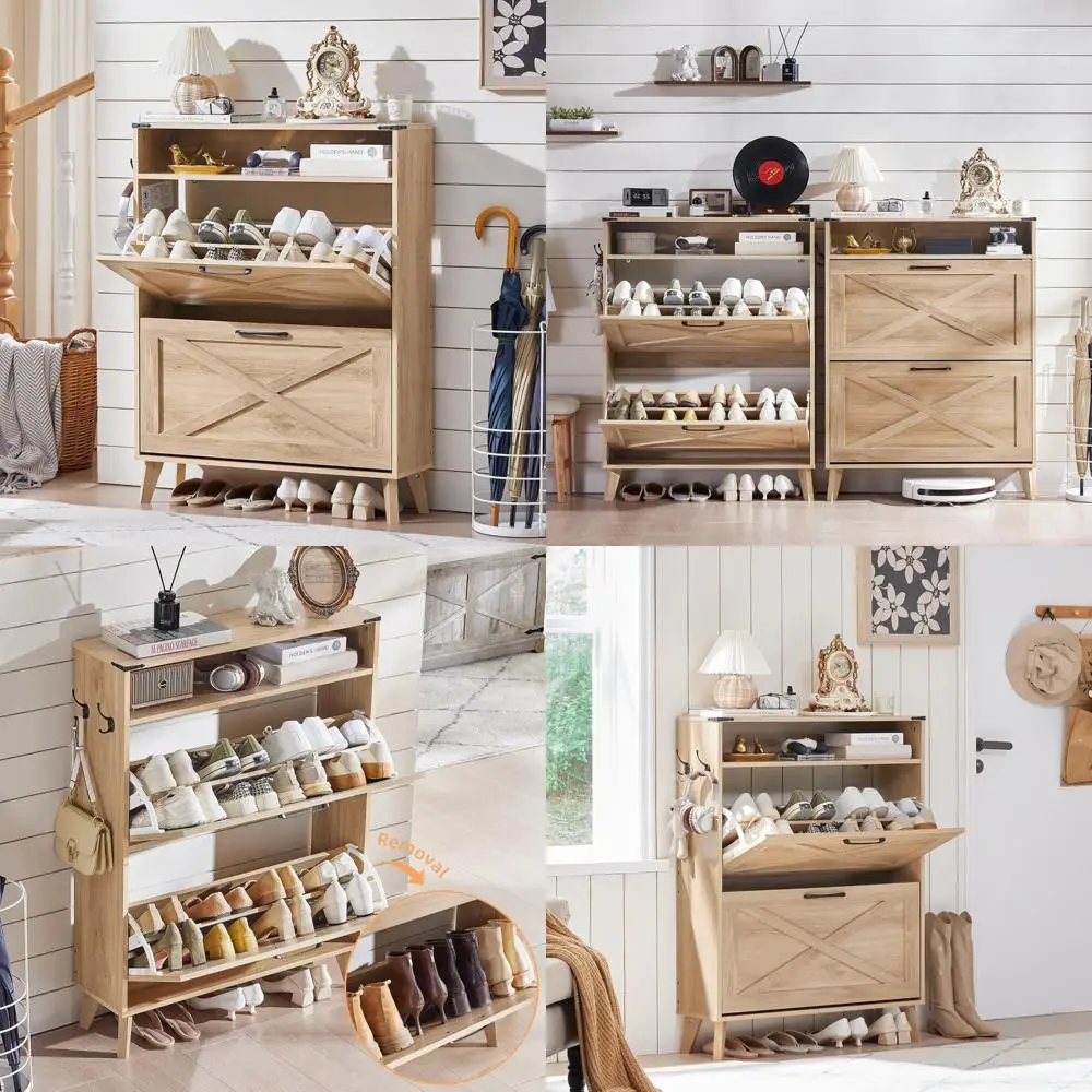 

Narrow Shoe Storage Cabinet with Flip Drawers, Boho Style Organizer for Entryway, Wooden Legs Shoe Rack with Open Storage Soluti