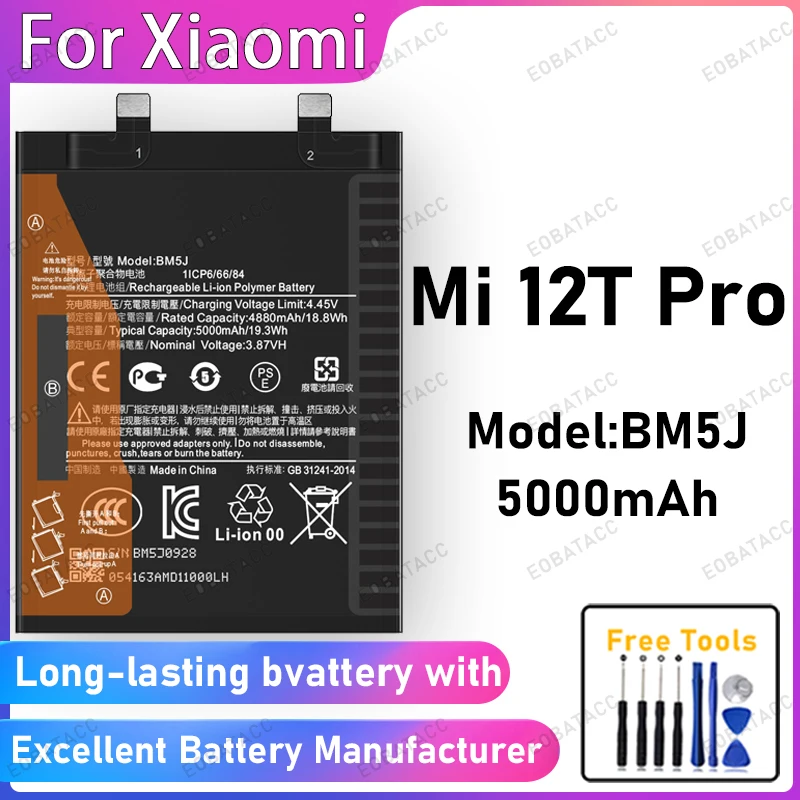 

100% New 5000mAh BM5J Battery For XIAOMI Mi 12T Pro Battery Replacement Bateria+Free Tools