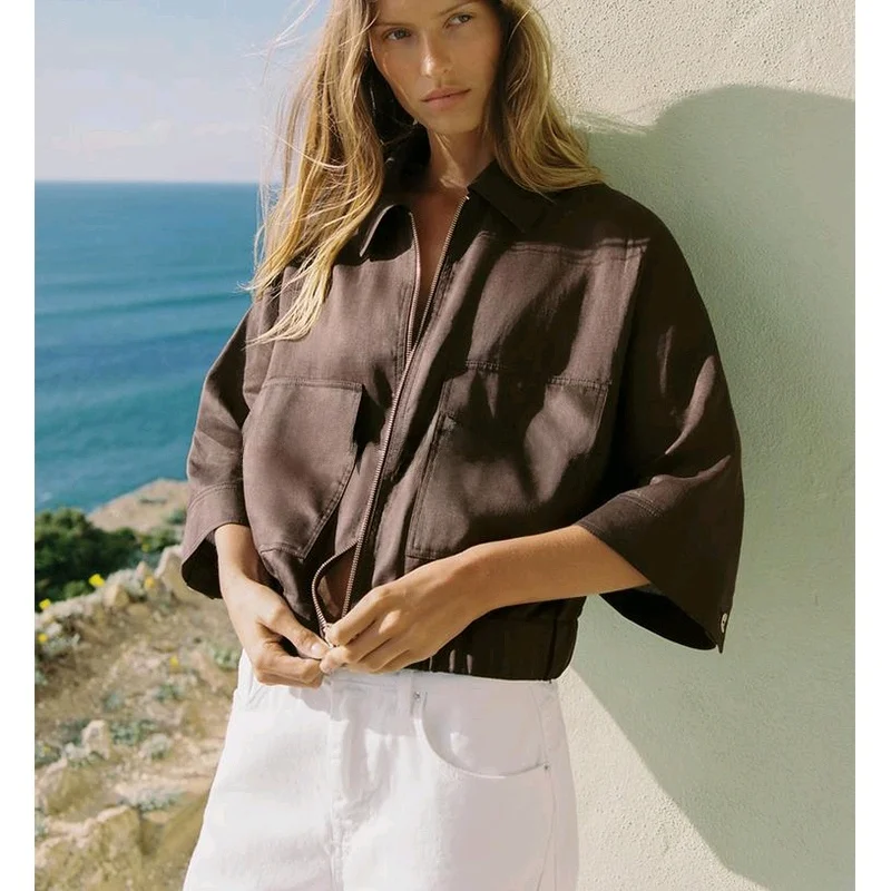 

Summer Women's Jaet Zipper Collar Mix Flax Fabric Patch ket ort Outerwear Casual Comfortable Sle Long Sve