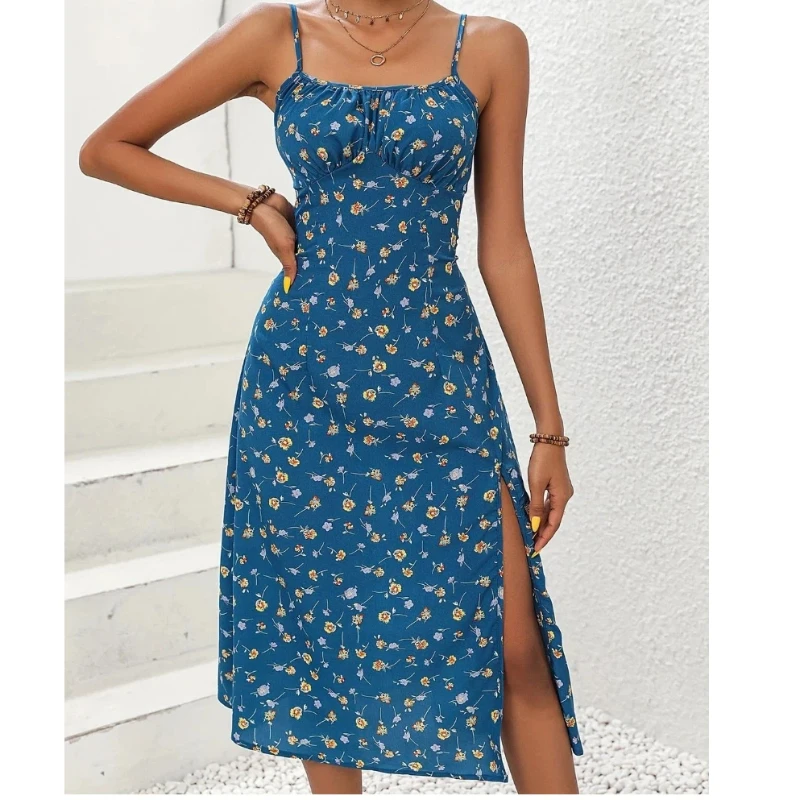 Sexy slipjurk met bloemenprint, off-shoulder, zomerse nieuwe trend, slanke, all-match midi-jurk, vintage mode dameskleding