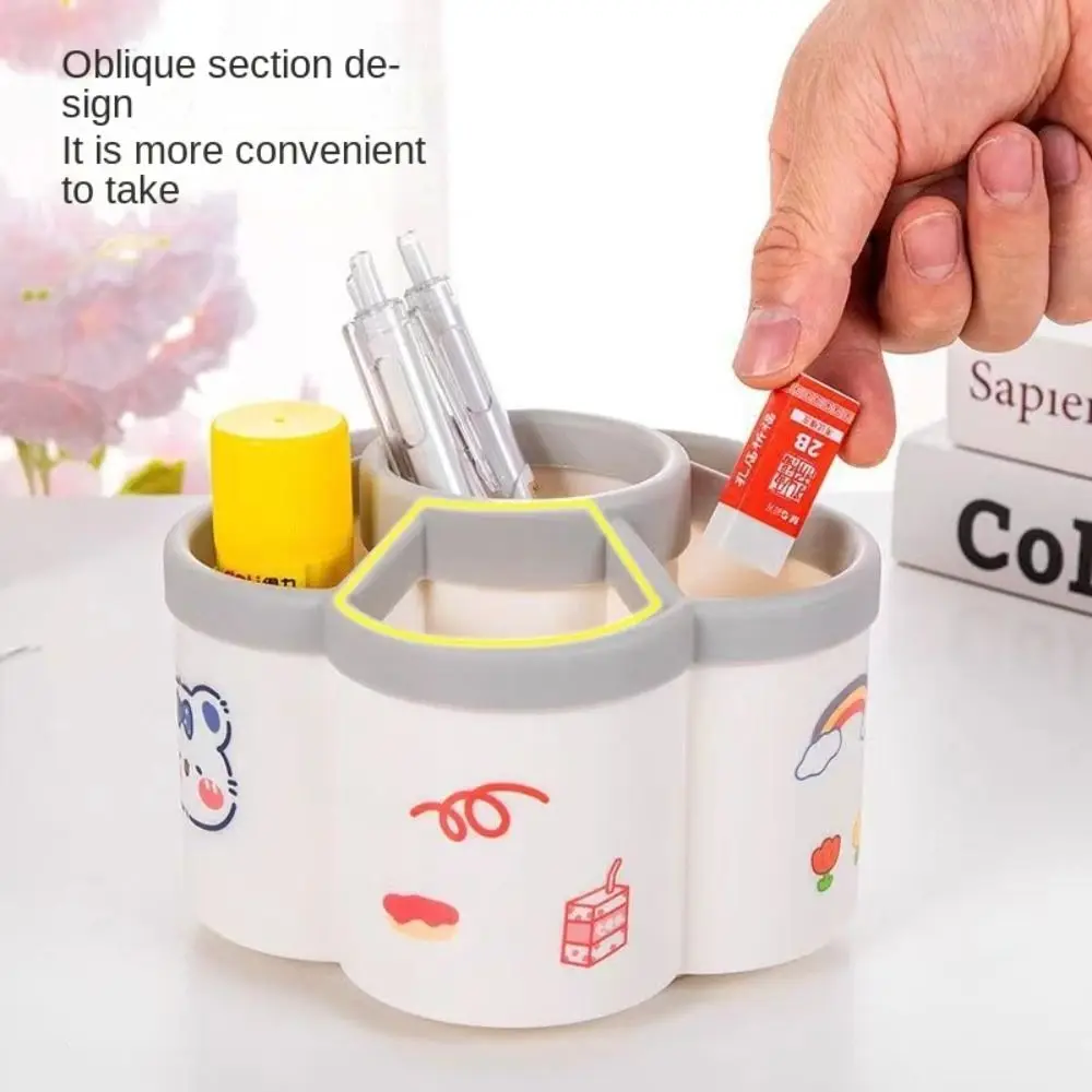 360° Rotating Petal-shaped Pen Holder with Cartoon Sticker Dust-proof Lipstick Storage Box White Large-capacity