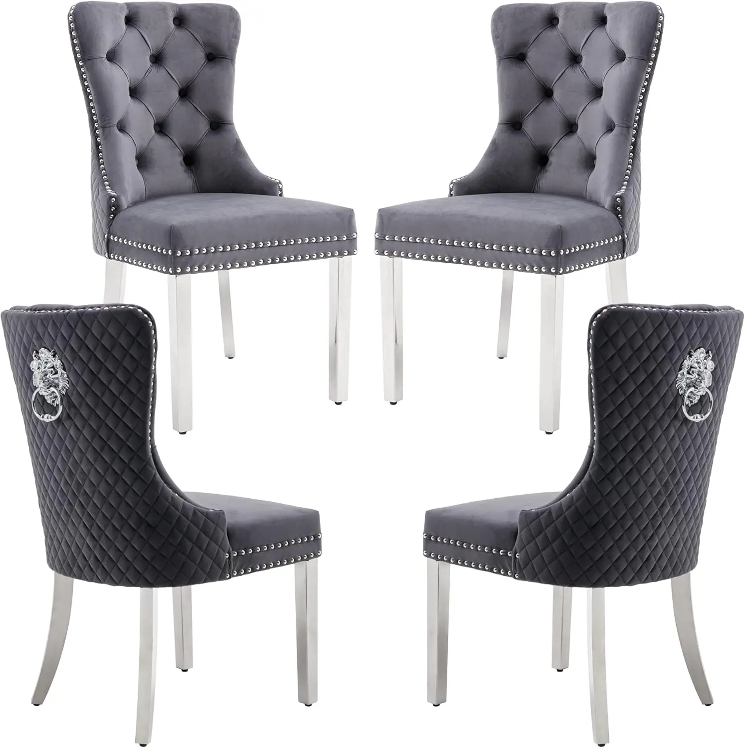 Aksamitny krzesła do jadalni zestaw 4, tapicerowane krzesła do jadalni, nowoczesne krzesła z połowy wieku z diamentową kratą z tyłu, lew