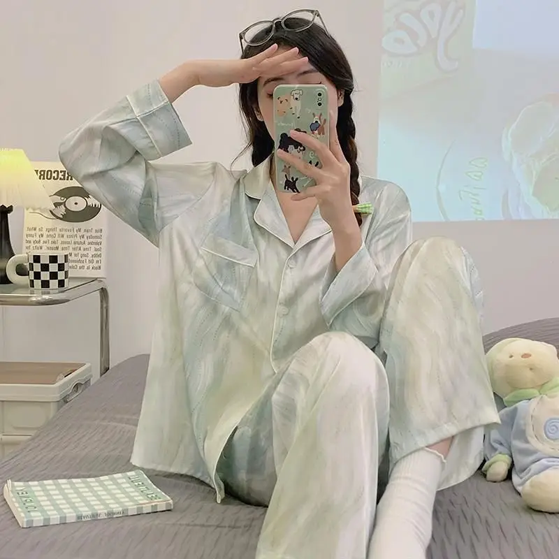 

Весенне-осенний женский комплект для сна: кружевные брюки с длинным рукавом, тонкая повседневная домашняя одежда, удобный дышащий пижамный комплект