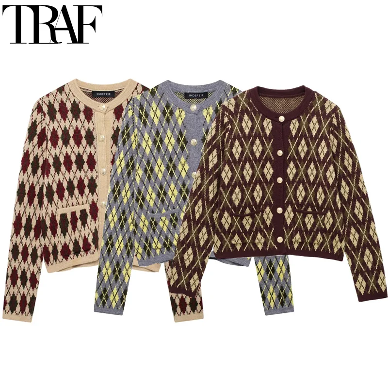 TRAF Women's Sweater Outerwears Argyle Knitted Sweater Cardigan Women Autumn Long Sleeve Cropped Cardigan Winter Button Knitwear