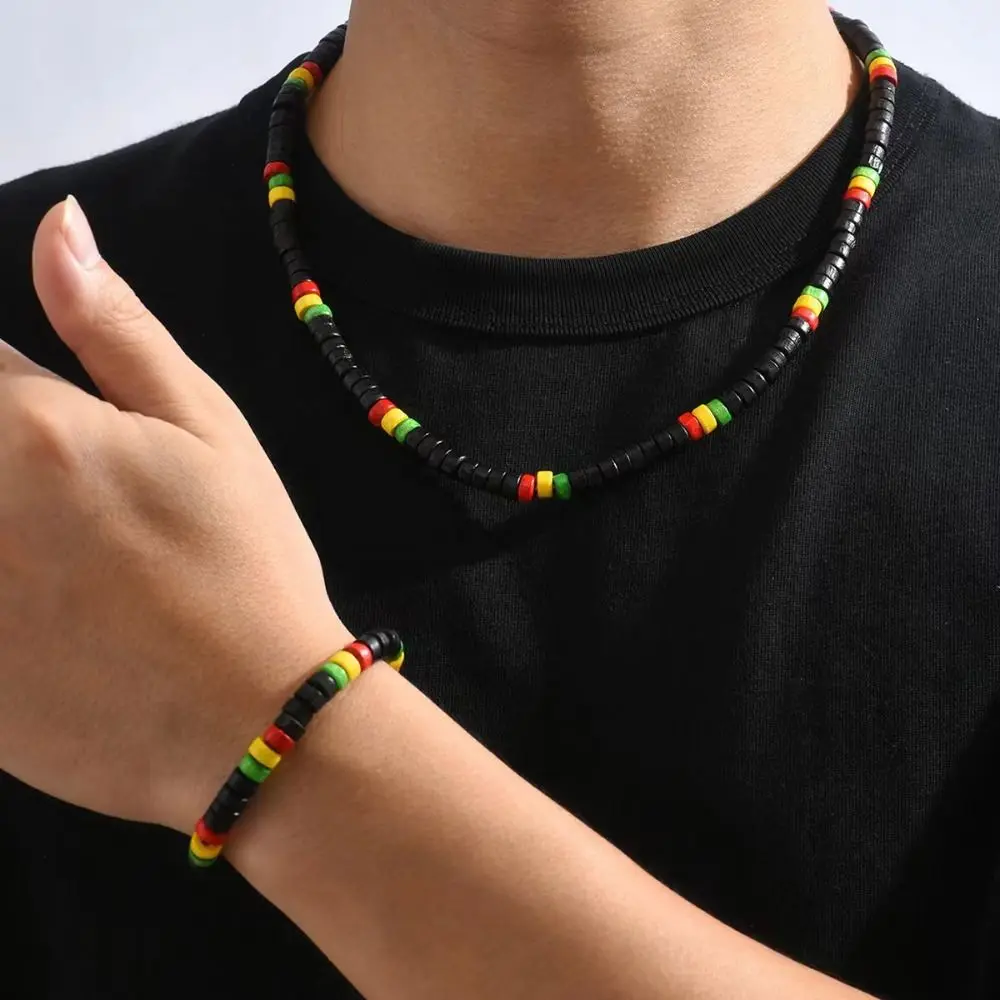 Red Yellow Green Black Rasta Reggae Punk Hiphop Necklace and Bracelet Jewelry Set Glass Seed Beads Black Africa Fashion Jewelry