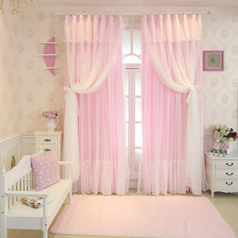Romantic Princess Style Lace Curtain Solid Color Korean Aesthetic Double Layer Curtain Cozy Home Decor for Bedroom Living Room