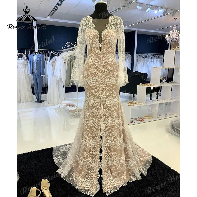 Mermaid/Trumpet Charming Wedding Dress Long Flare Sleeve Lace Illusion Split Middle 2023 Vestido Civil Bridal Beach Wedding Gown