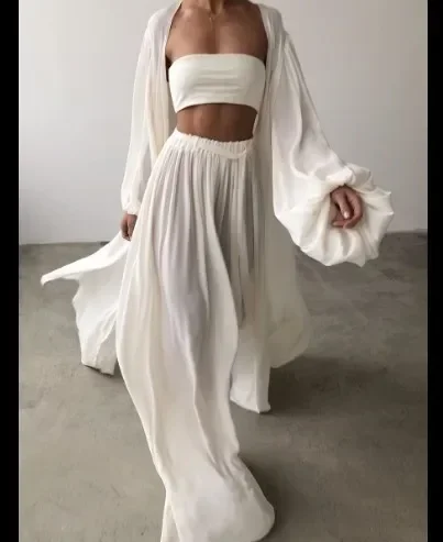 Women 3 Piece Sets Homewear Fashion Casual Lantern Sleeve Cardigan Tops+Wide Leg Pants Suits Lady Spring Soft Three Piece Outfit