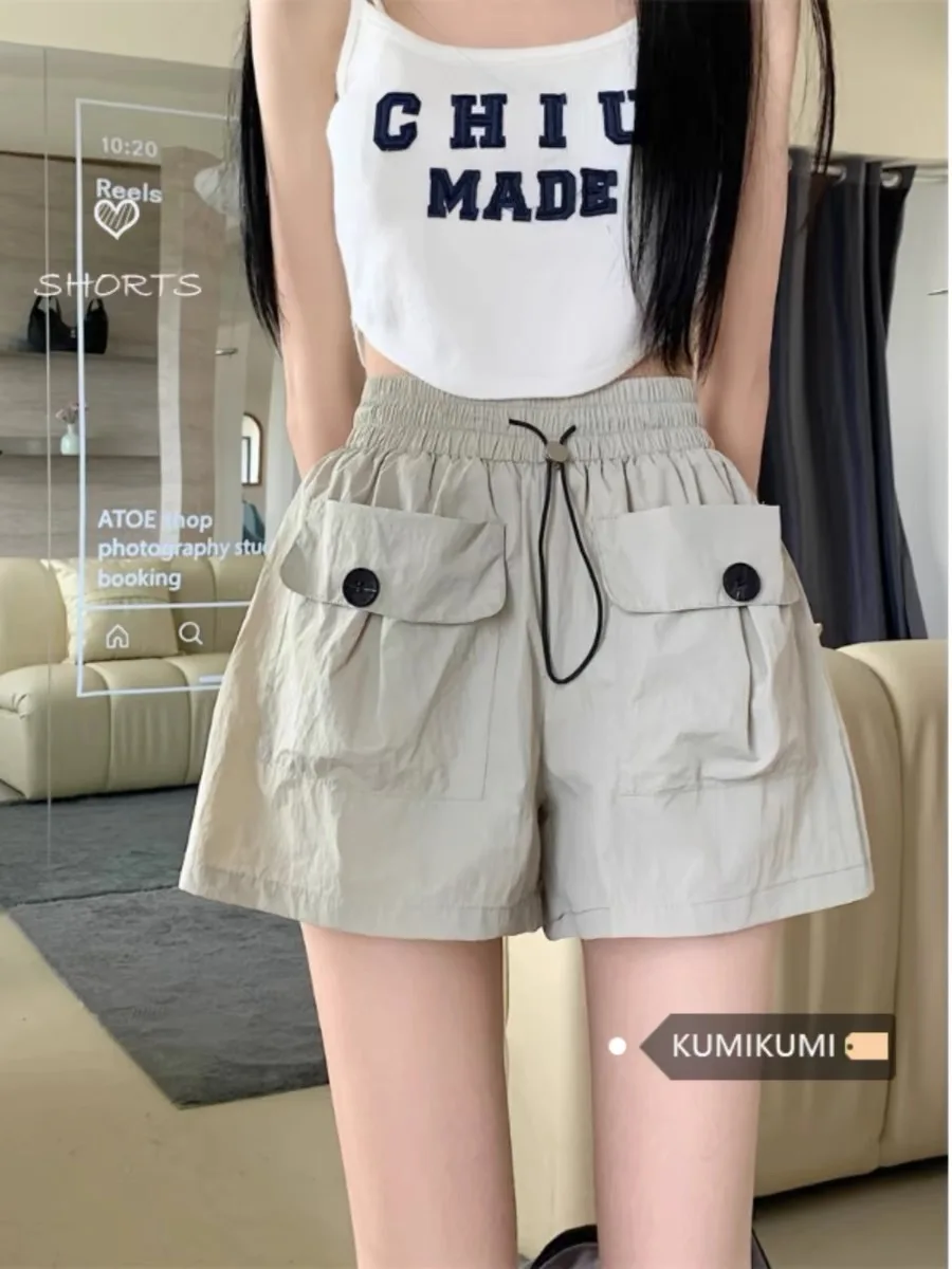 Design Sense Pocket High Waist Overalls Women's Niche Loose Wide Leg Casual Pants Straight Shorts
