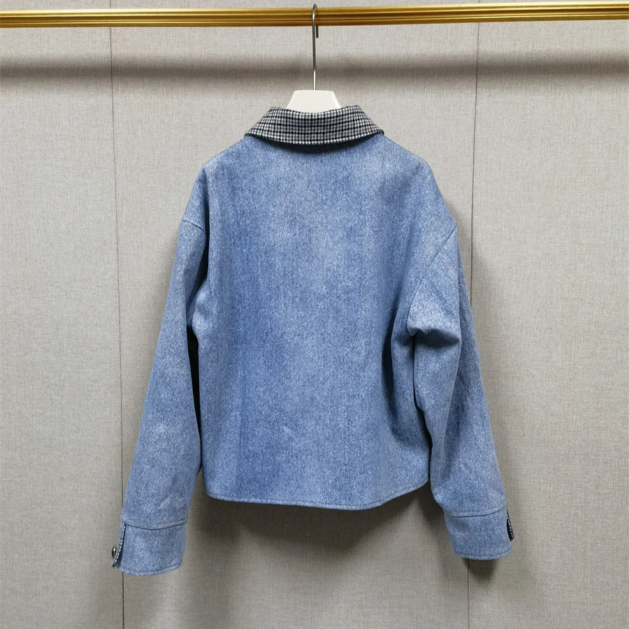 【Darmowy Prezent】 Kurtka jeansowa damska w kratę w stylu retro na wczesną jesień 2025, styl uniwersytecki, luźny krój, bluzka z długim rękawem