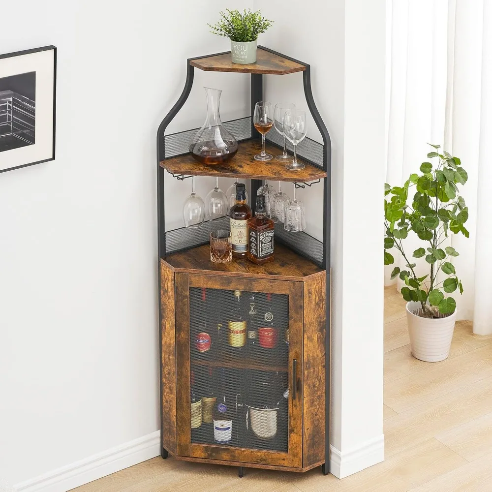 

Corner Wine Bar Cabinet with Detachable Wine Rack, Industrial Wine Cabinet with Glass Holder, Small Sideboard and Liquor Coffee