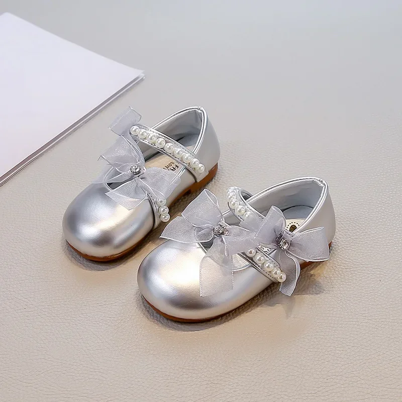

Fashion Girls Princess Shoes Spring Autumn New Rhinestone PU Leather Soft Sole Bow Pearl Mary Jane School Student Loafer