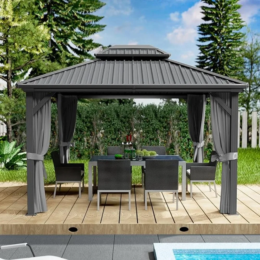 

10x12FT Gazebo Double Roof Canopy Outdoor with Netting and Shaded Curtains, Aluminum Frame Polycarbonate Hardtop Garden Tent