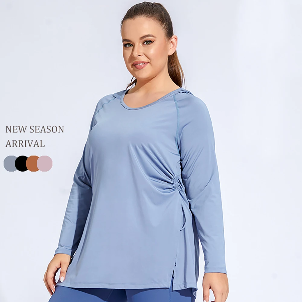 

4XL Plus Size Women Loose Fitness Hooded Long Sleeve Quick Dry Sports Top Drawstring Yoga Wear Comfort Running Sportwear