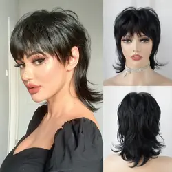 Short Black Shaggy Layered 80s Mullet  Wig Pixie Cut Wig With Bangs Curly Synthetic Natural Fake Hair Replacement Wigs For Women