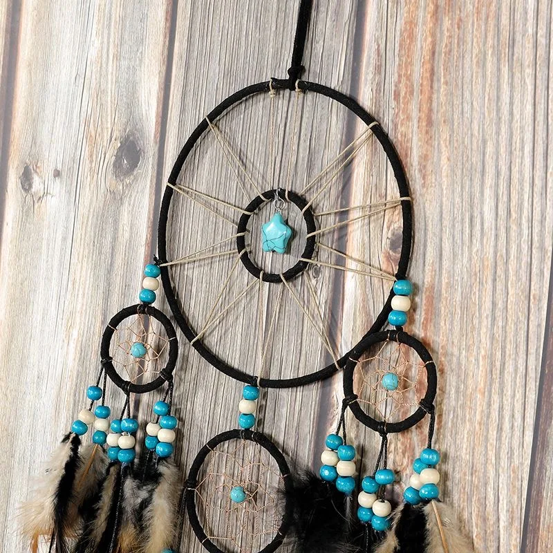 Vintage Ethnic Black Multi‑Circles Dreamcatcher Wall Ornament Handmade Woven Feather Wall Hanging Decor for Bedroom Living Room.