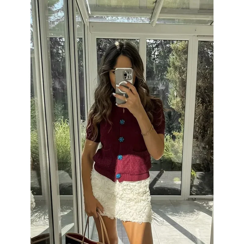 Women Fashion Solid Pockets Knitted Cardigan Chic Single Breasted Short Sleeve Sweater 2024 Autumn Female High Street Knitwear