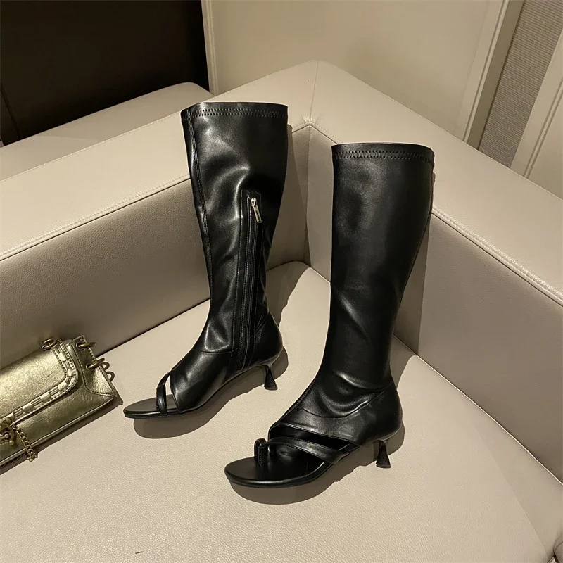 Eilyken Street Style Clip Toe Knee High Boot Sandals Woman Design Style Low Heels Side Zipper Flip Flops Ladies Shoes