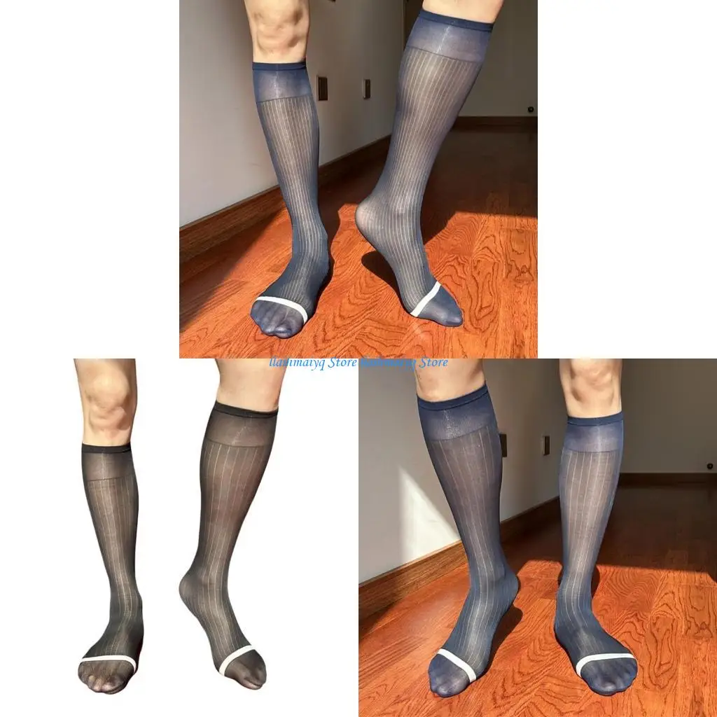 

573B Mens Business Suit Dress Socks Stripe Pattern Nylon See Through Knee Length Stockings for Formal Occasion and Daily Wear