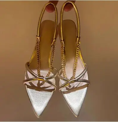 New Women Black Gold Soft Leather Gold Metal Chain Cross Strap Pointed Open Toe 8 10 CM Thin Heels Summer Sandals Party Shoes