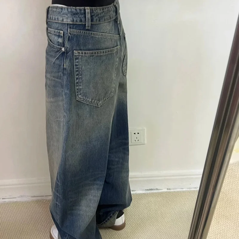 ETJ 2025 otoño e invierno nuevo diseño de moda para mujer versión suelta de cintura de lavado pantalones vaqueros con cintura abatible pantalones largos hasta el suelo