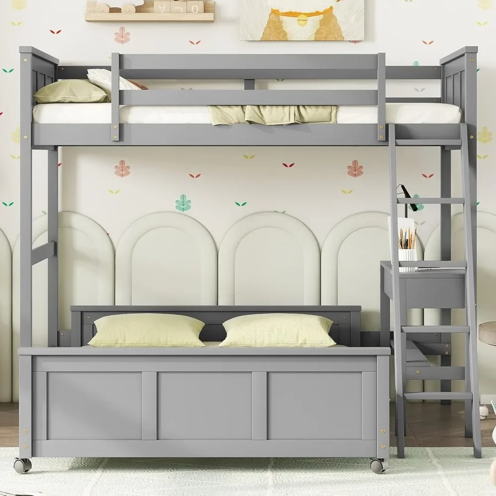Cama alta de tamanho duplo com estrutura de cama de plataforma completa removível, beliche com escada, beliche duplo sobre beliche completo com mesa e gavetas