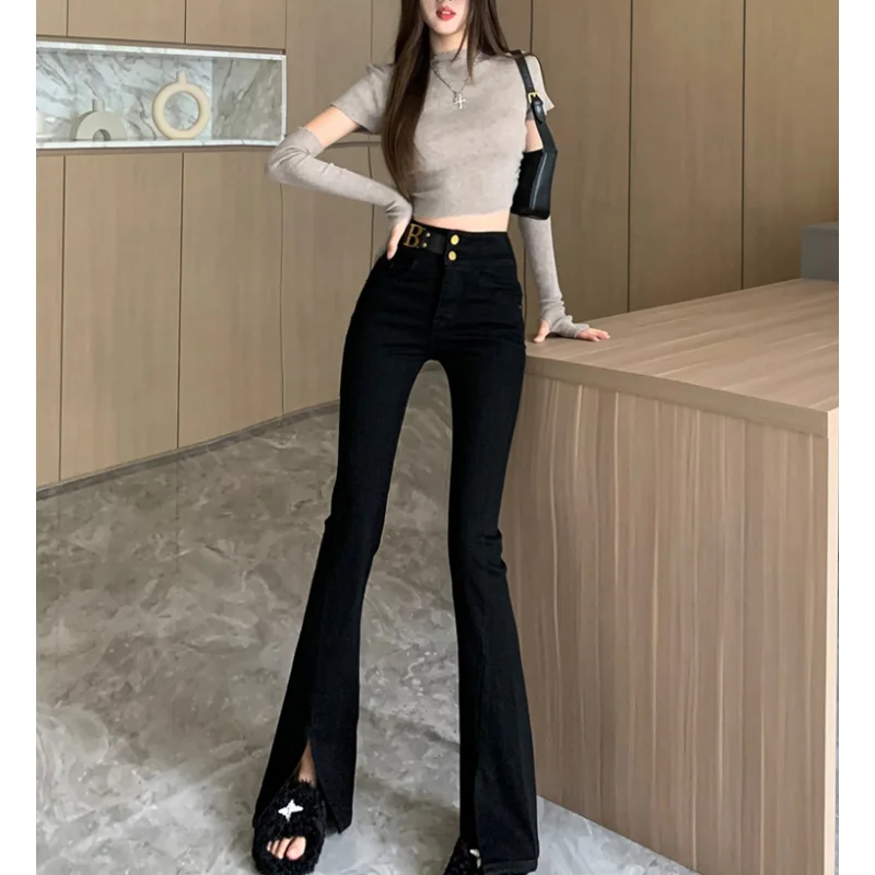 

Summer Black Vintage Whale Tail Flared Pants High Waist Baggy Wide Leg Pants Fashion Stretchy Self Cultivation Straight Trouser