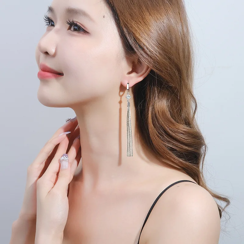 Korean Style Fashion 925 Silver Long Tassel Earrings For Women Zircon Earring Personalized Jewelry Party Accessories KOFSAC
