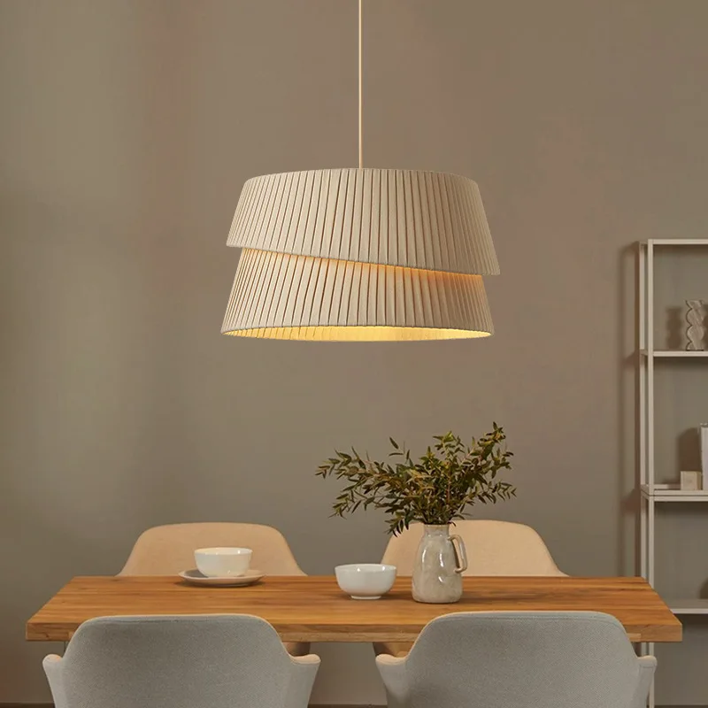 Cream White Fabric Pendant Lamps Pleated Double Layer French Style Chandelier Restaurant Bedroom Living Room Bedside Led Fixture