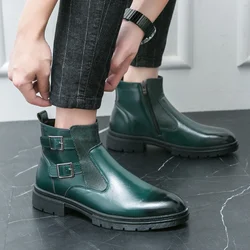 Classic Business Green Men Chelsea Boots Zipper High Top Dress Shoes For Man Leather Pointed Men's Ankle Boots bota masculina