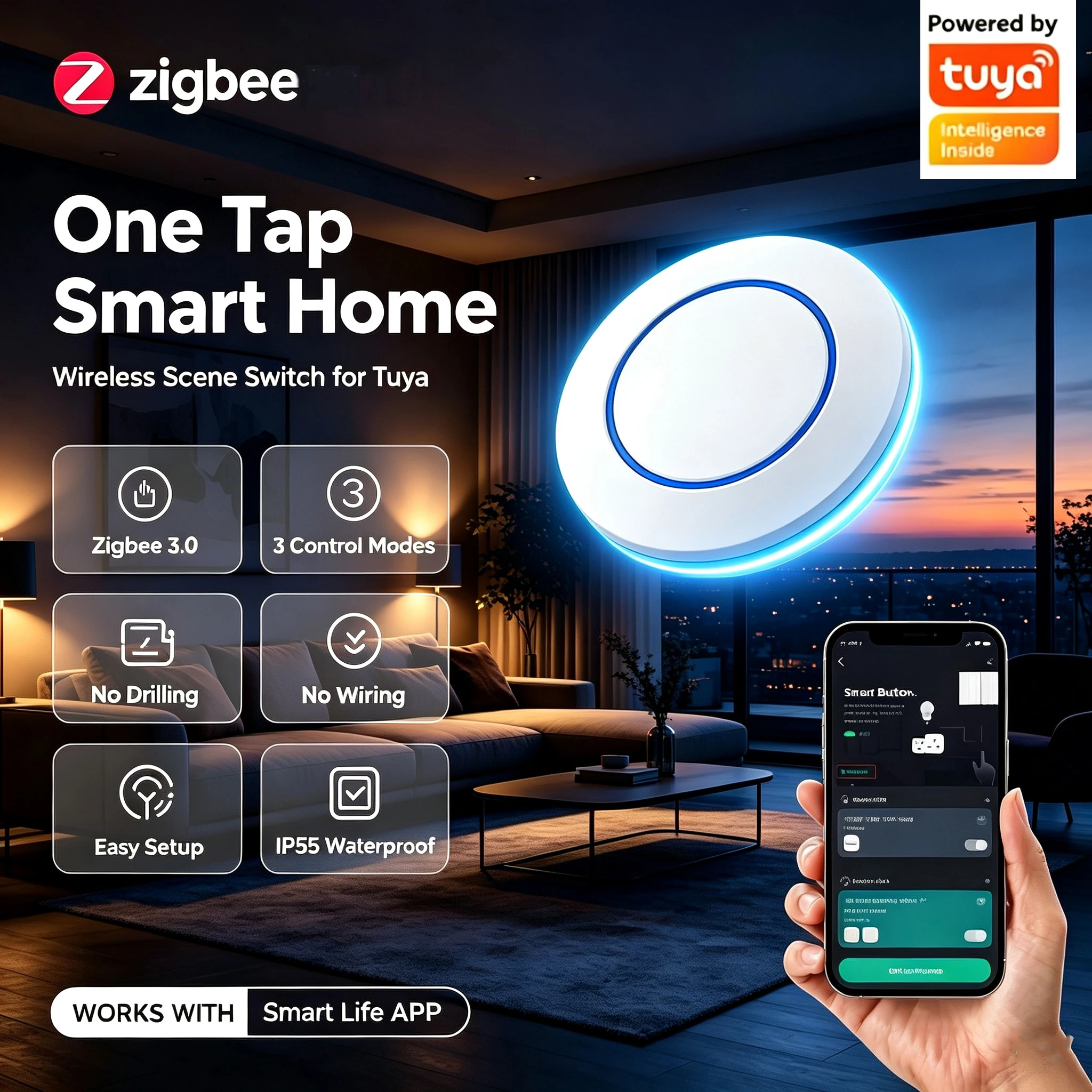Push Button Wireless Smart Scene Switch Controller Battery Powered Automation Scenario Linkage Work With Tuya ZigBee with Home