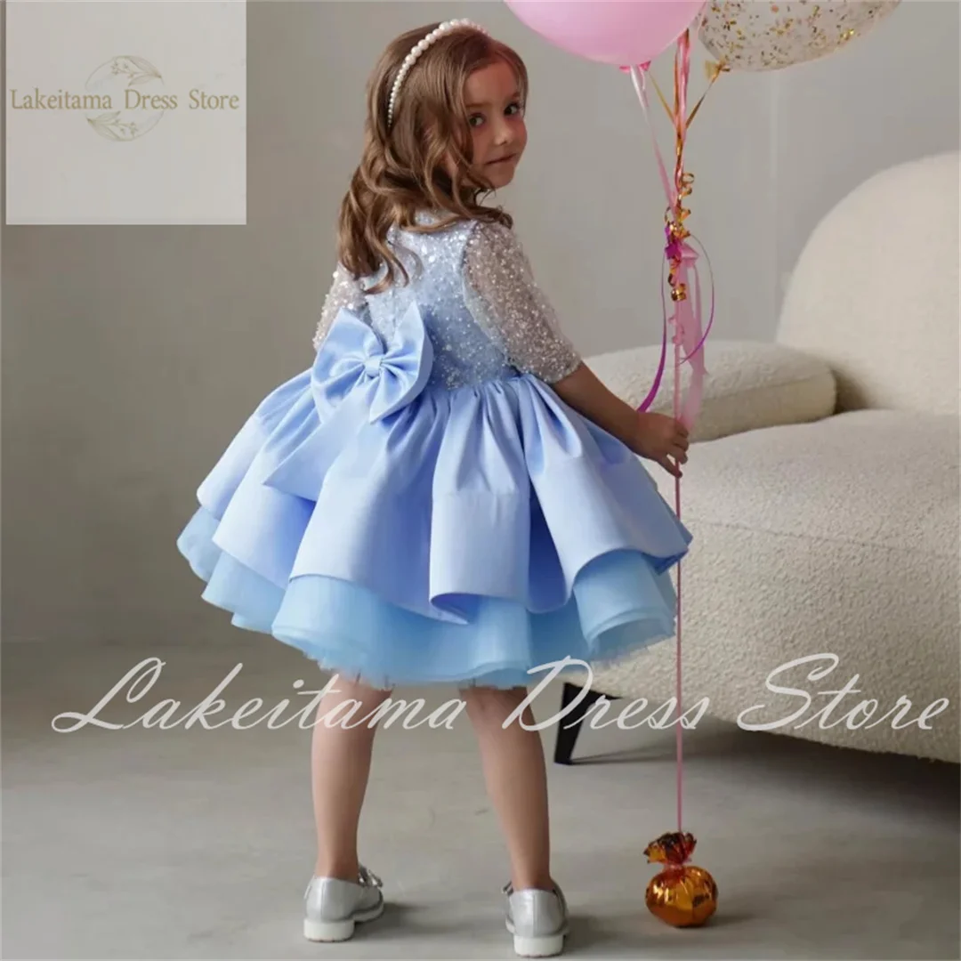 Flower Girl Dresses Satin Tulle Puffy Sequin With Bow Half Sleeve For Wedding Birthday Banquet First Communion Gowns