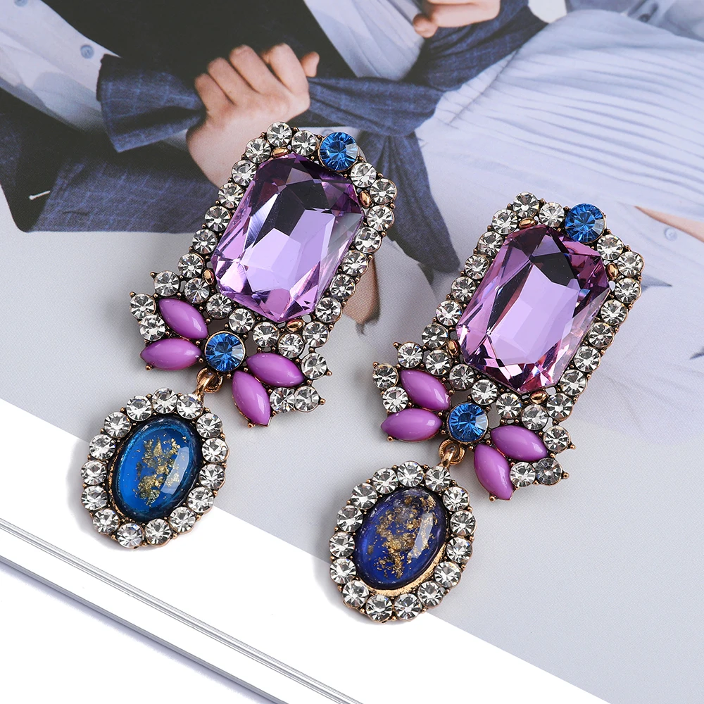 Wholesale Purple Big Dangle Earrings Luxury Charm Square Clear Crystal Vintage Brincos Pendant Jewelry Ear Accessories For Women