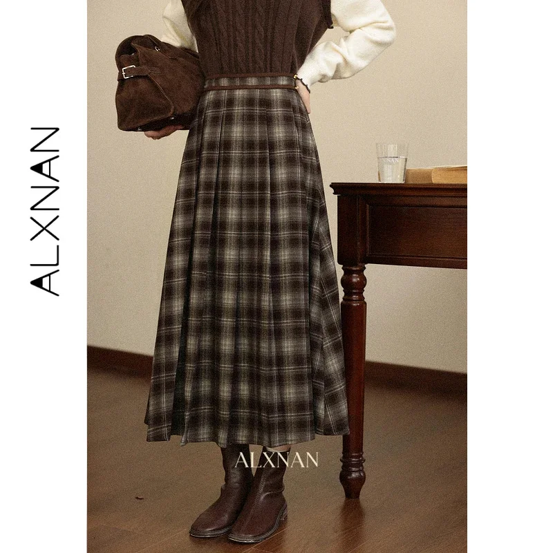 ALXNAN Women's Length Skirt 2026 Plaid Color Block Design Flared High Waist Silhouette Slim-fit Casual A-line Skirt VL57735