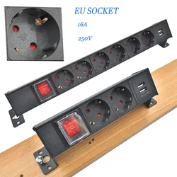 PDU Power Strip Desktop power board 1-7AC EU socket Extension wire 1.2/2/3M 16A 4000W Network Cabinet Rack 5V2.1A USB charge